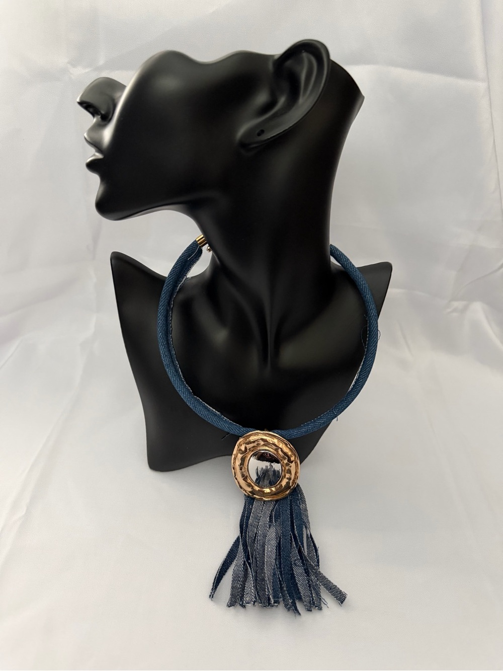 Elegant Blue denim Textile Tassel Necklace with Gold Accent